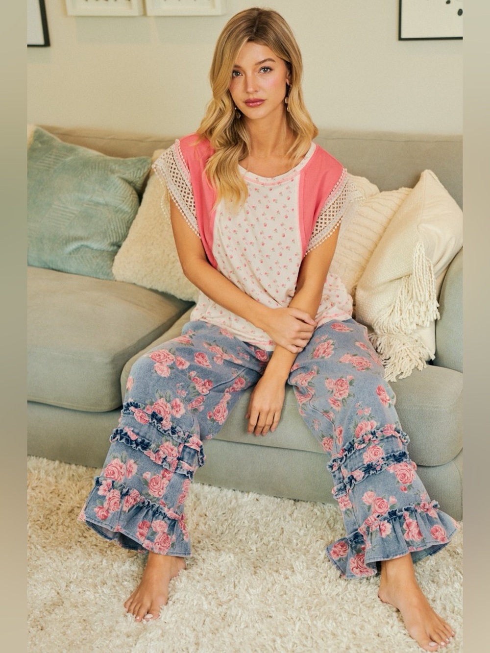 BiBi Washed Floral Denim With Ruffle Elastic Wide Pants 10010094801 - Picture 11 of 13